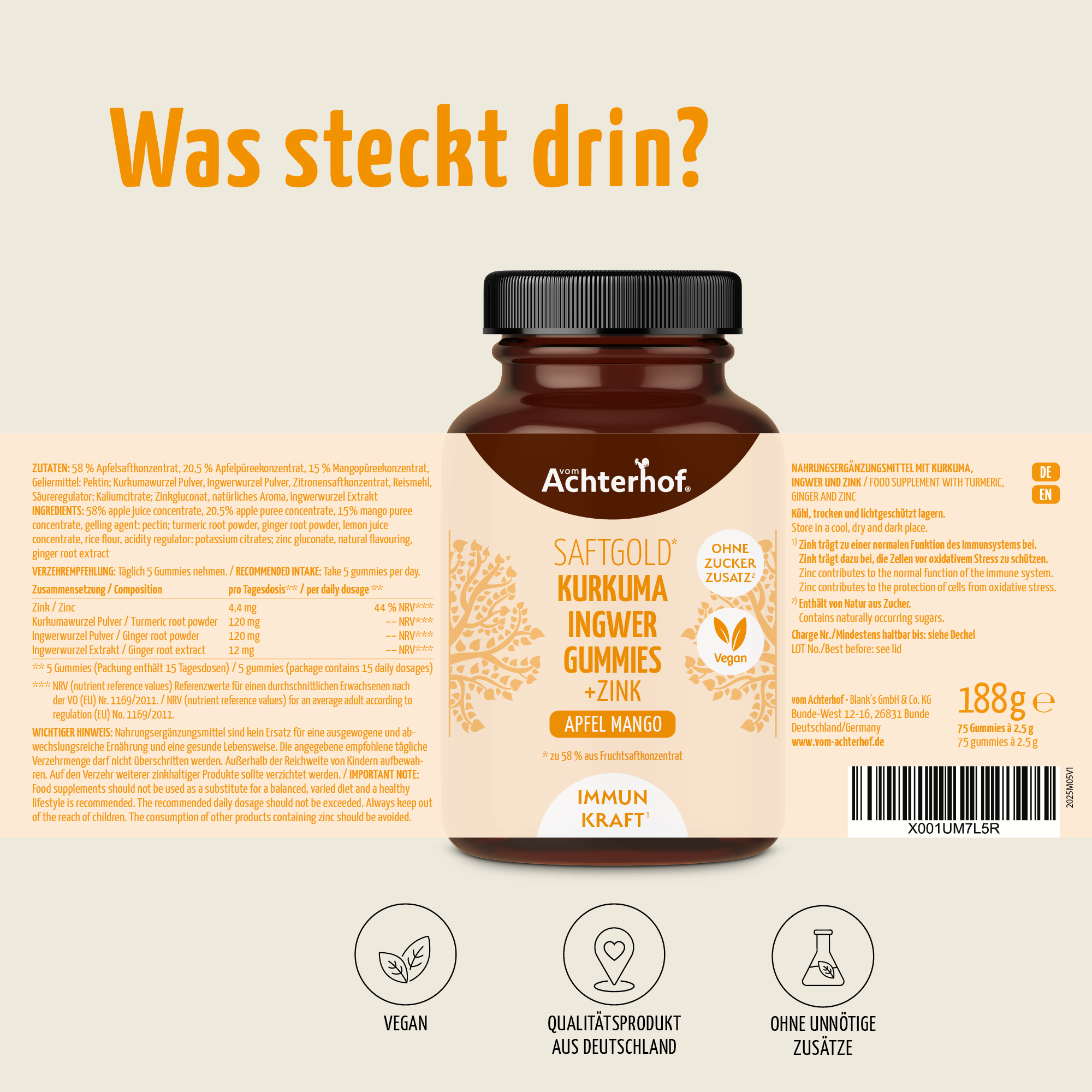 Saftgold Kurkuma Ingwer Gummies Apfel Mango + Zink (75 Stück)